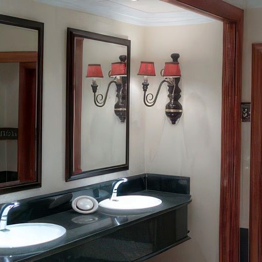 Custom wall bracket lights with red shades in a washroom